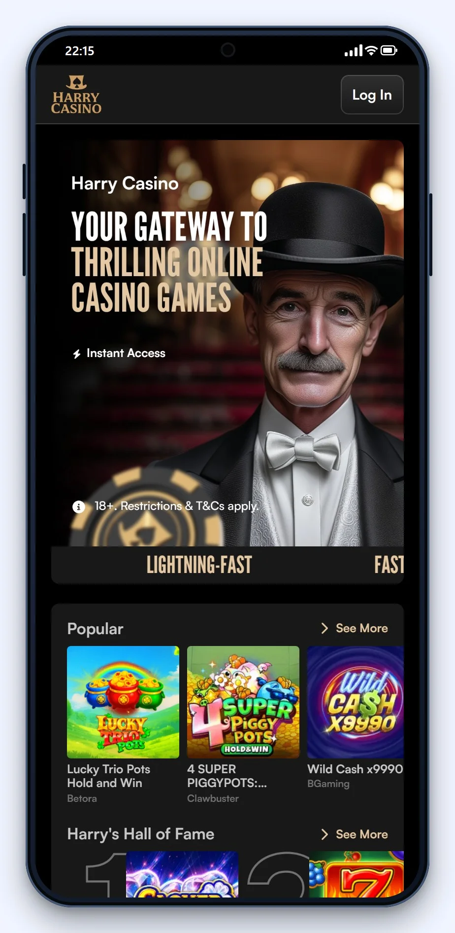 the mobile lobby of Harry Casino, reviewed in our visa casino guide